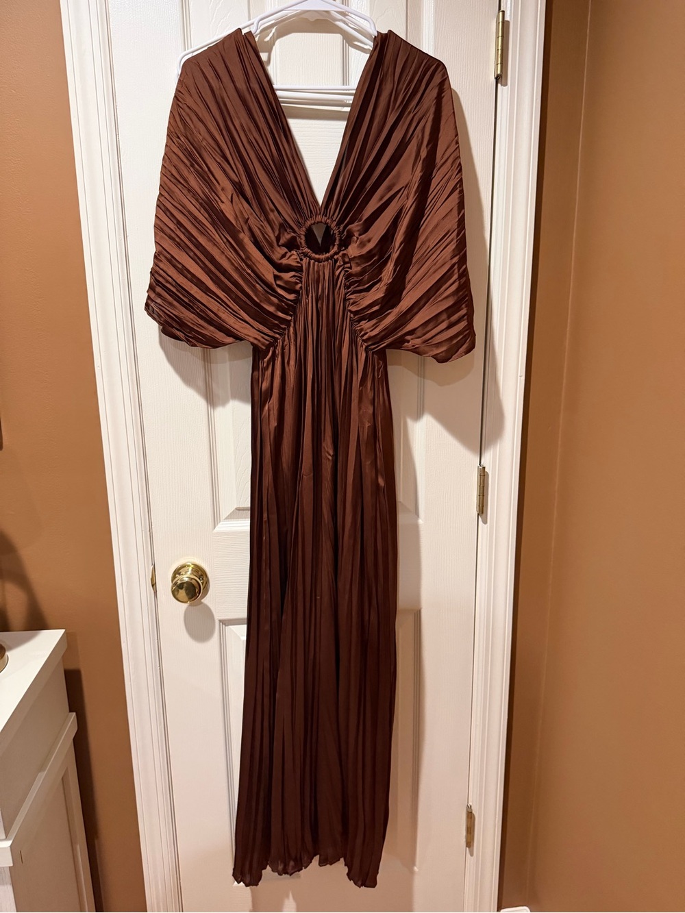 Zara Brown Pleated V-Neck Maxi Dress with Ring Detail